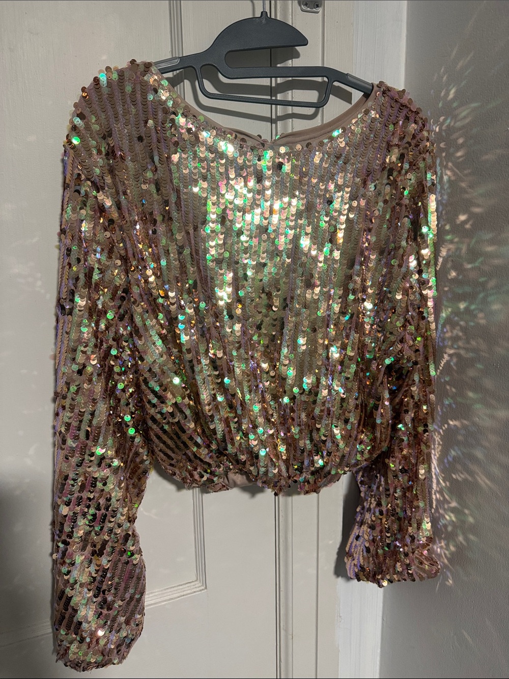 Iridescent Sequin Long Sleeve Top in Pink
